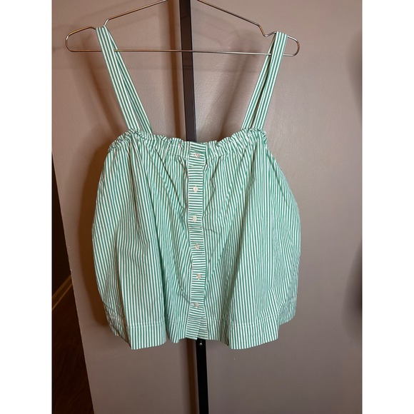 J.Crew Tops - J.Crew Green White Striped Button Front Ruffle Camisole Tank Top Cotton Poplin